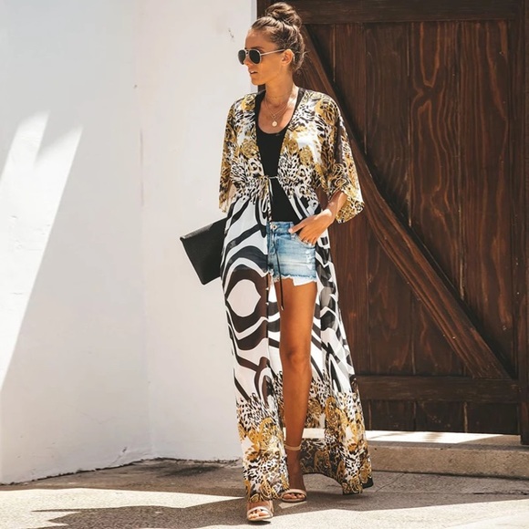 Long chiffon zebra-leopard print kimono - Picture 4 of 4